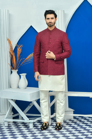 Maroon Color Kora & Dabka Embroidered Prince Coat For Men